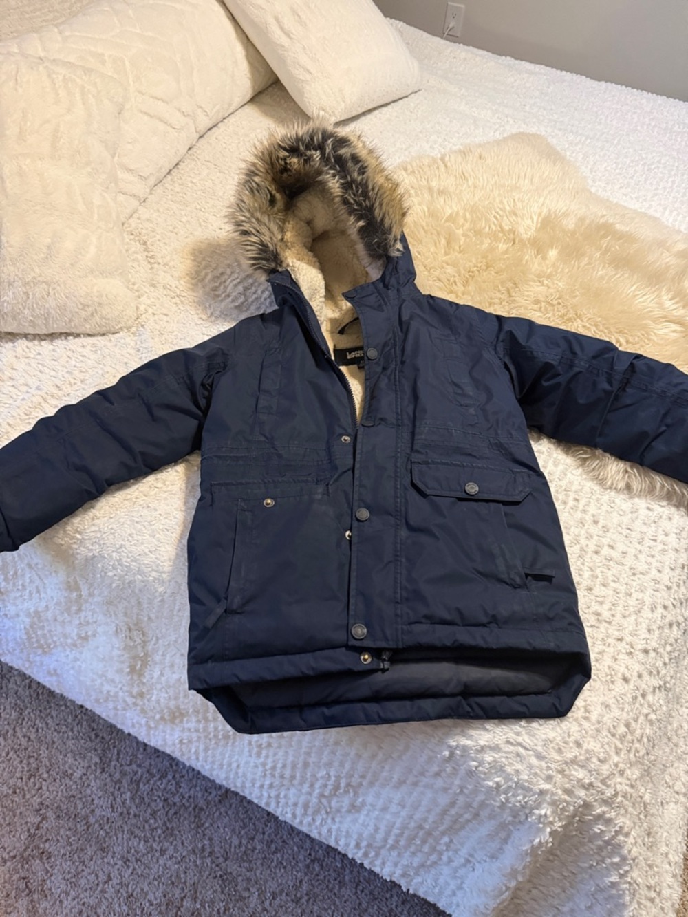 Lands' End Navy Kids Faux-Fur Hooded Puffer Jacket